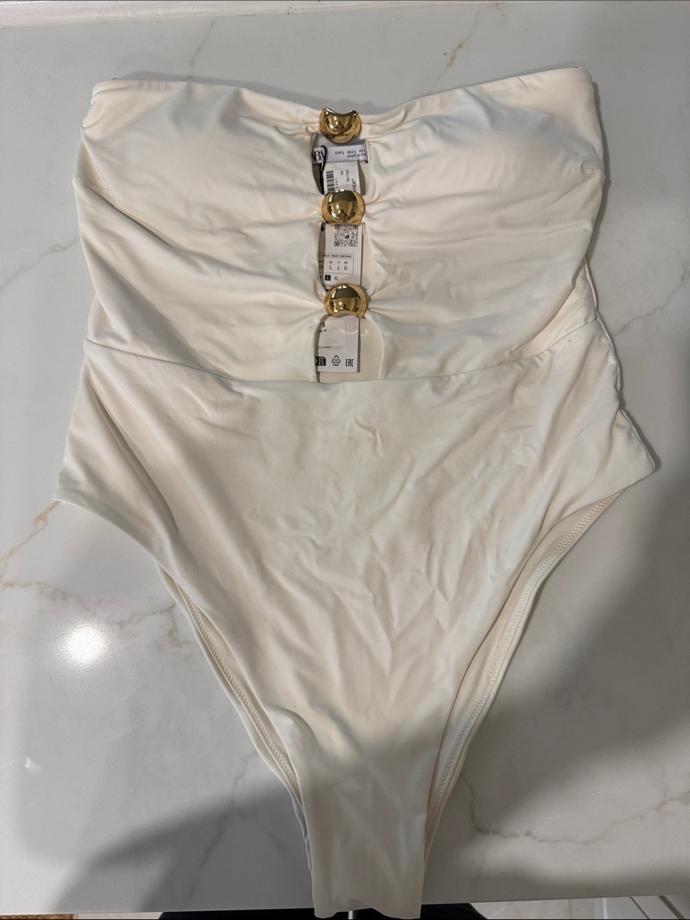 Zara Cream Strapless One-Piece with Gold Ring Accents